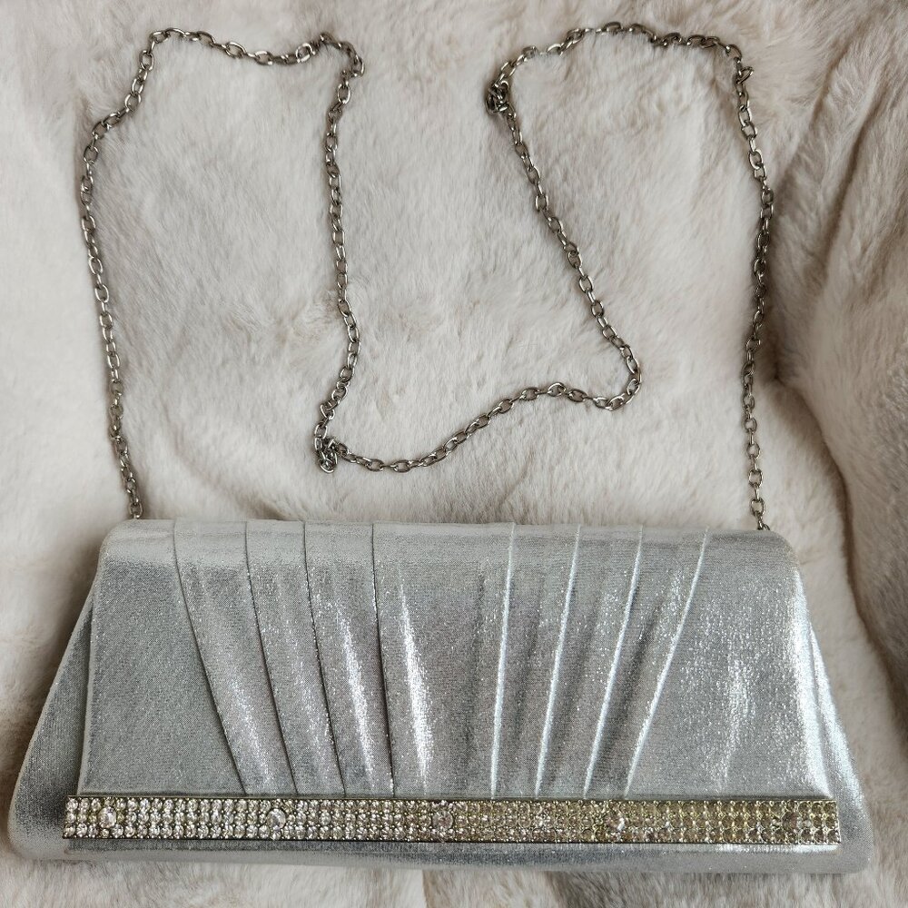 Kate Landry Silver Envelope Evening Purse with Jewel Accents and Chain Strap